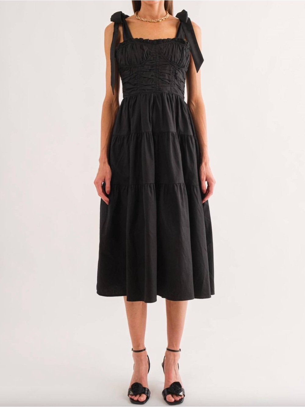 Sofie the Label Black Tie-Shoulder Tiered Midi Dress